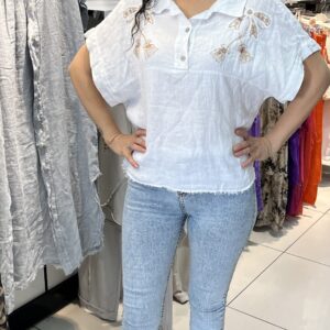 İtalyan İşlemeli Keten Bluz – Salaş Kesim, Boncuk Detaylı