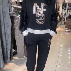 “İtalyan kapşonlu N5 payet detaylı ikili takım – siyah viskon – Entari Butik”