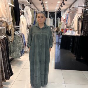 ince fitilli kadife haki gömlek elbise – oversize, cepli | Entari Butik