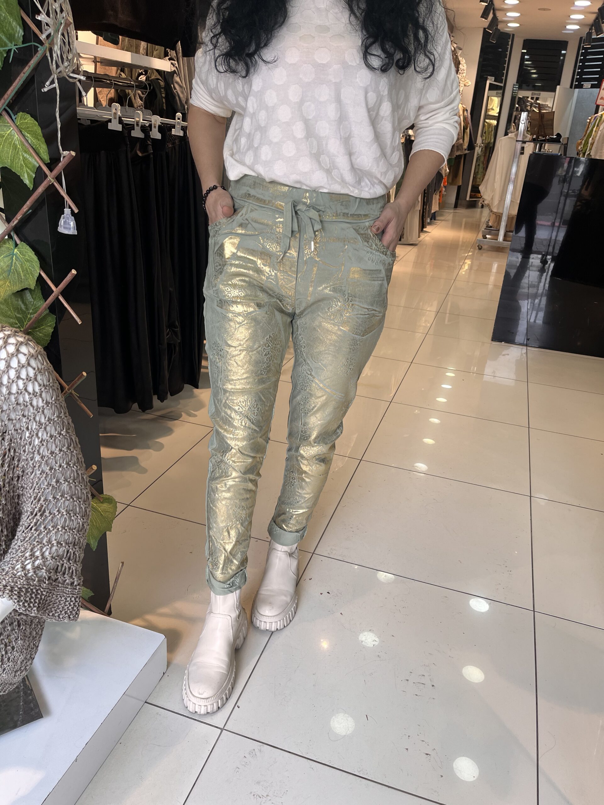 “İtalyan likralı altın yansımalı pantolon – bağlamalı kemer detaylı – Entari Butik”