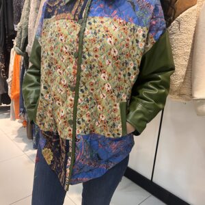 suni deri kollu kapitone patchwork kadın ceket – yeşil | Entari Butik
