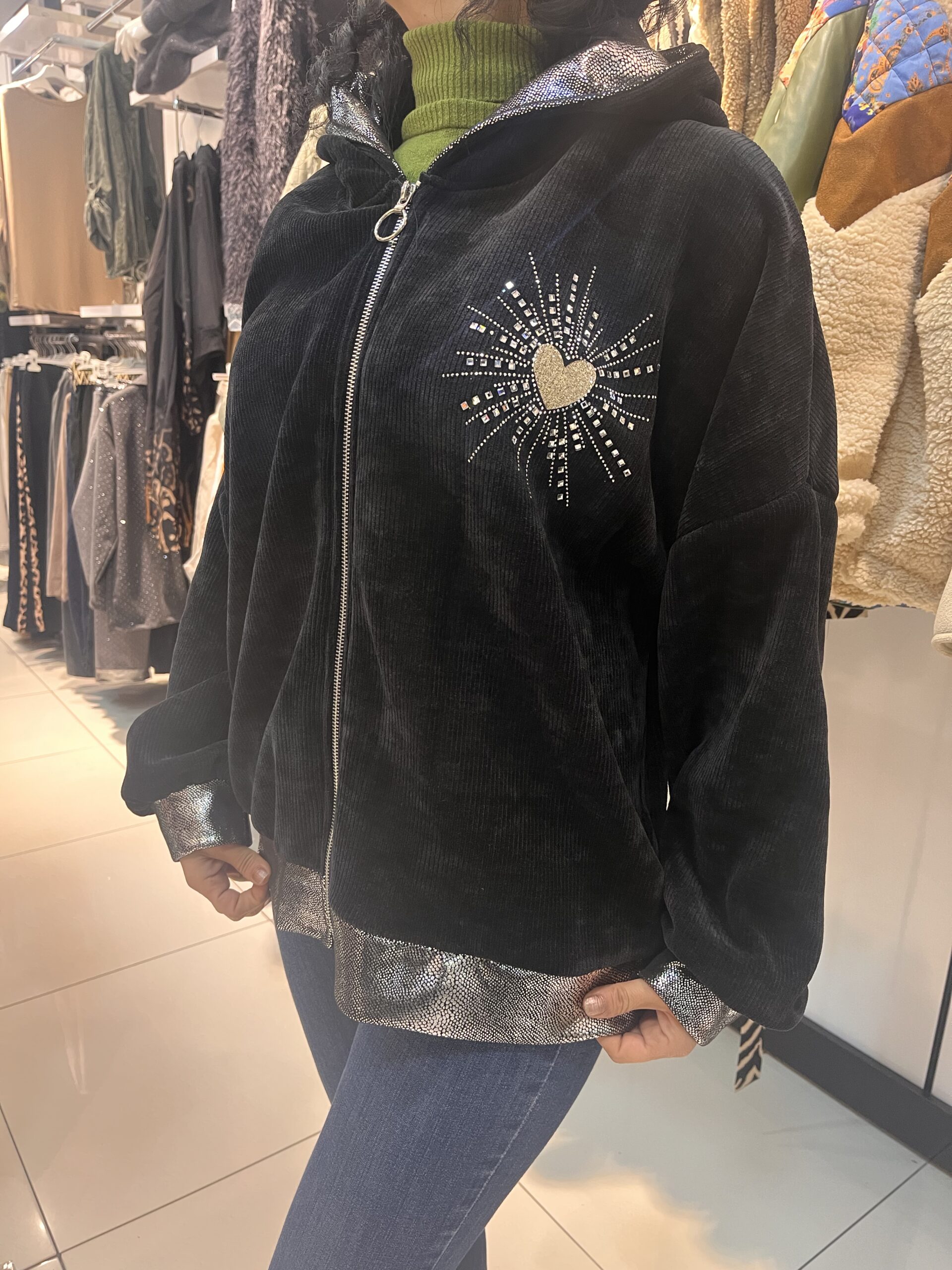 fitilli kadife siyah kapüşonlu fermuarlı ceket – Entari Butik