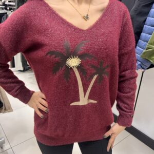 Palmiye desenli simli İtalyan standart beden kadın triko bluz bordo ve kahverengi renk seçenekleri