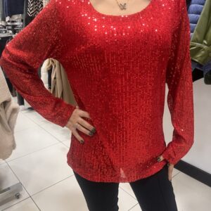 Kırmızı payetli kadın bluz uzun kollu
