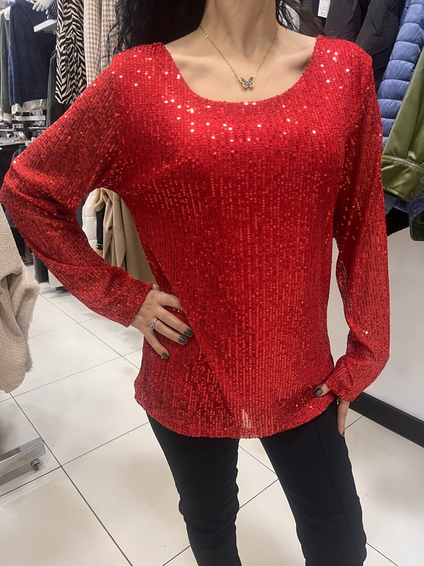 Kırmızı payetli kadın bluz uzun kollu