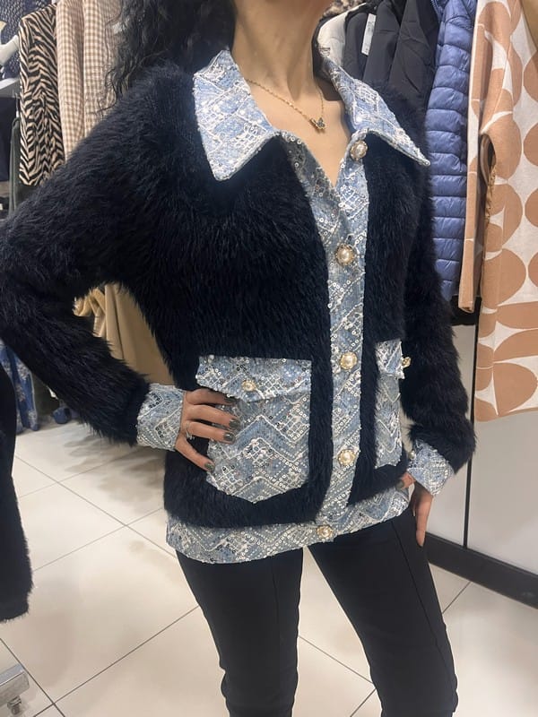 Siyah payet detaylı kürk dokulu kadın ceket ön cep ve yaka detayı