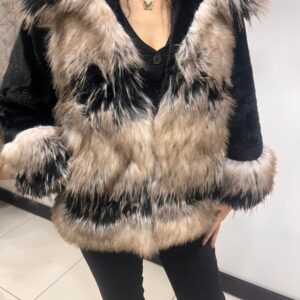 İtalyan Standart Beden Kapüşonlu Suni Kürk Ceket