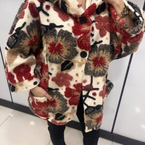 İtalyan keçe dokulu desenli kapüşonlu kadın kaban