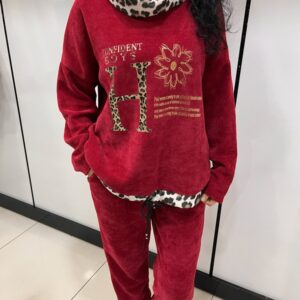 Bordo kadife leopar detaylı kadın eşofman takımı