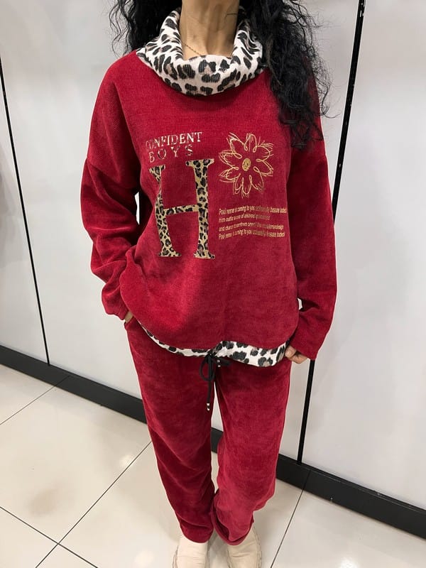 Bordo kadife leopar detaylı kadın eşofman takımı