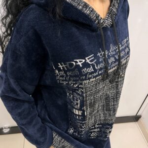 İtalyan standart beden lacivert kapüşonlu yazı baskılı kadife kadın eşofman takımı