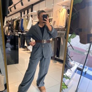 antrasit pamuklu kadın ikili takım salaş ceket pantolon kombin